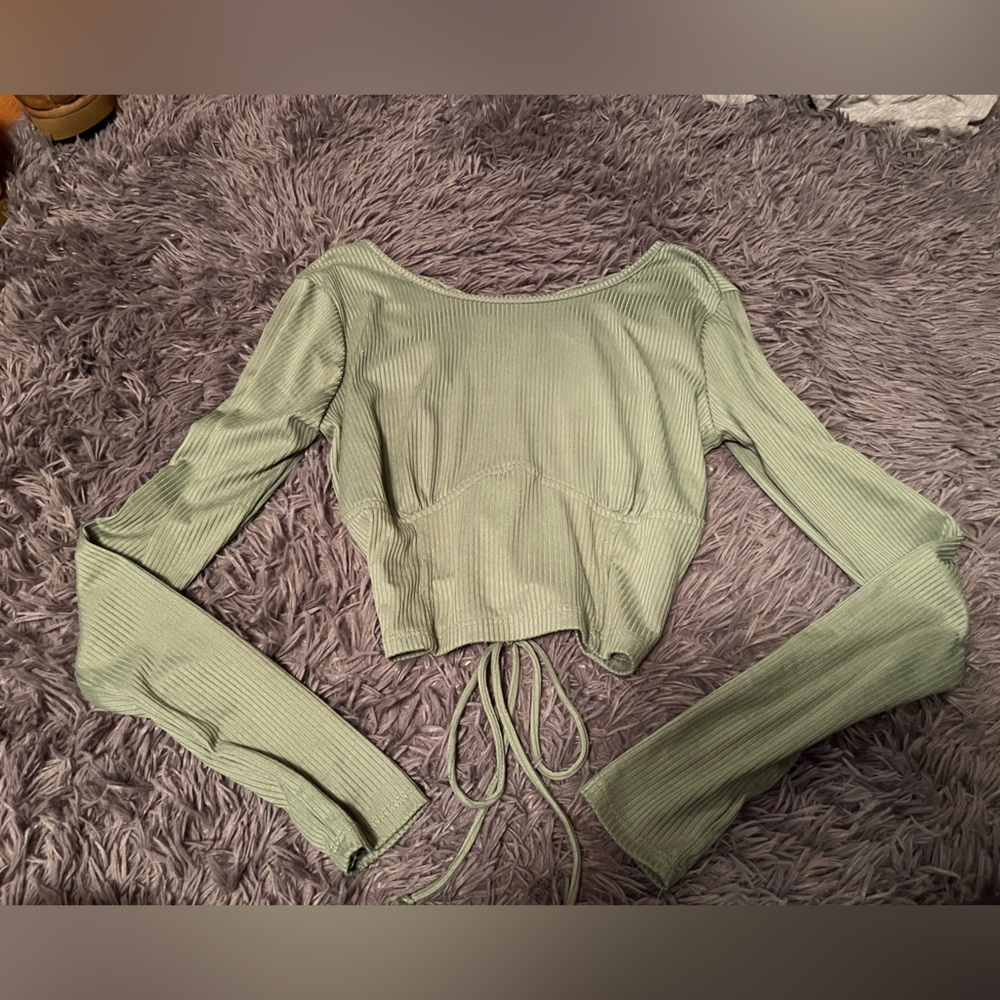 Just Polly, sage green long sleeve with cross cross back